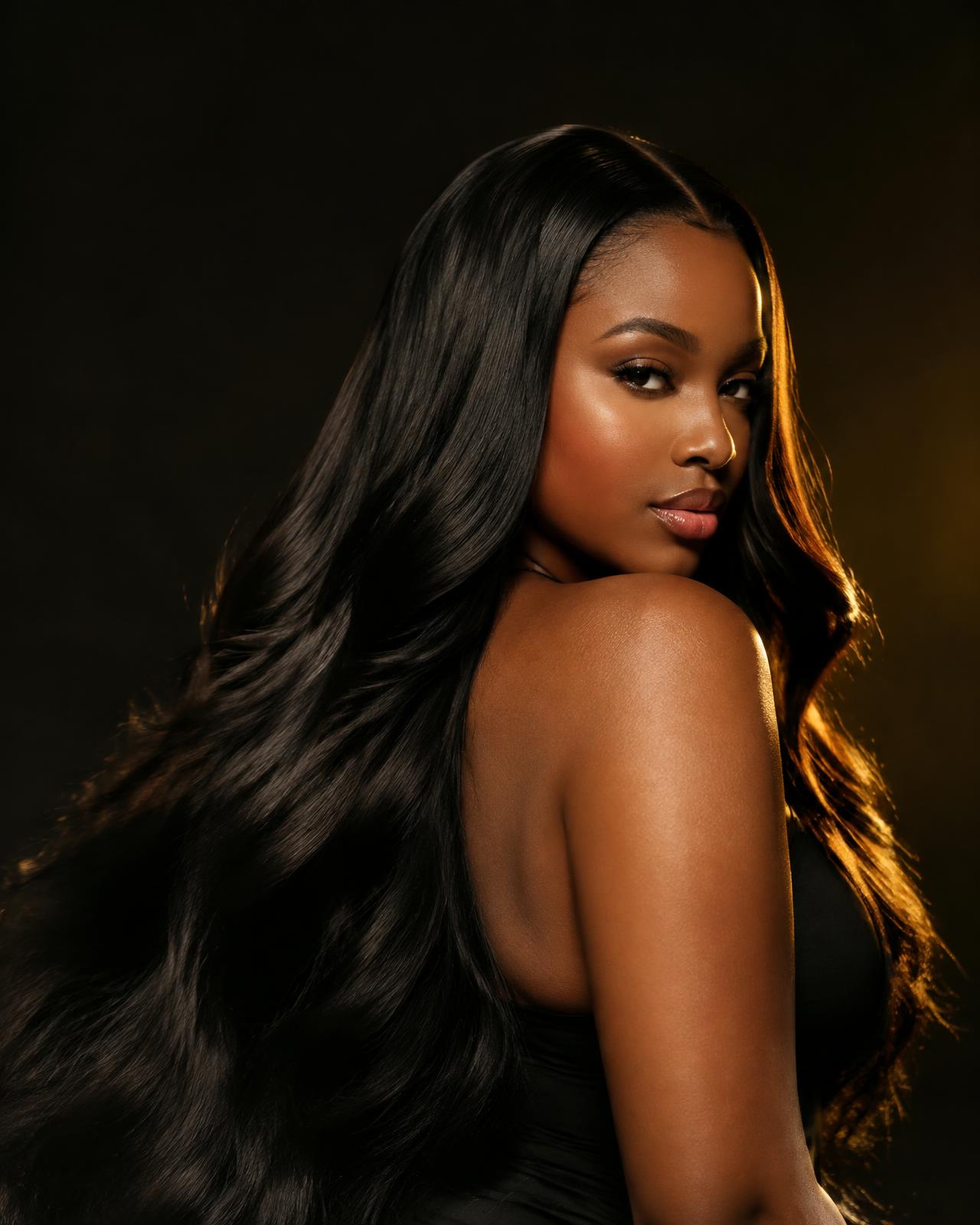 Woman wearing long silky MiCrown extensions